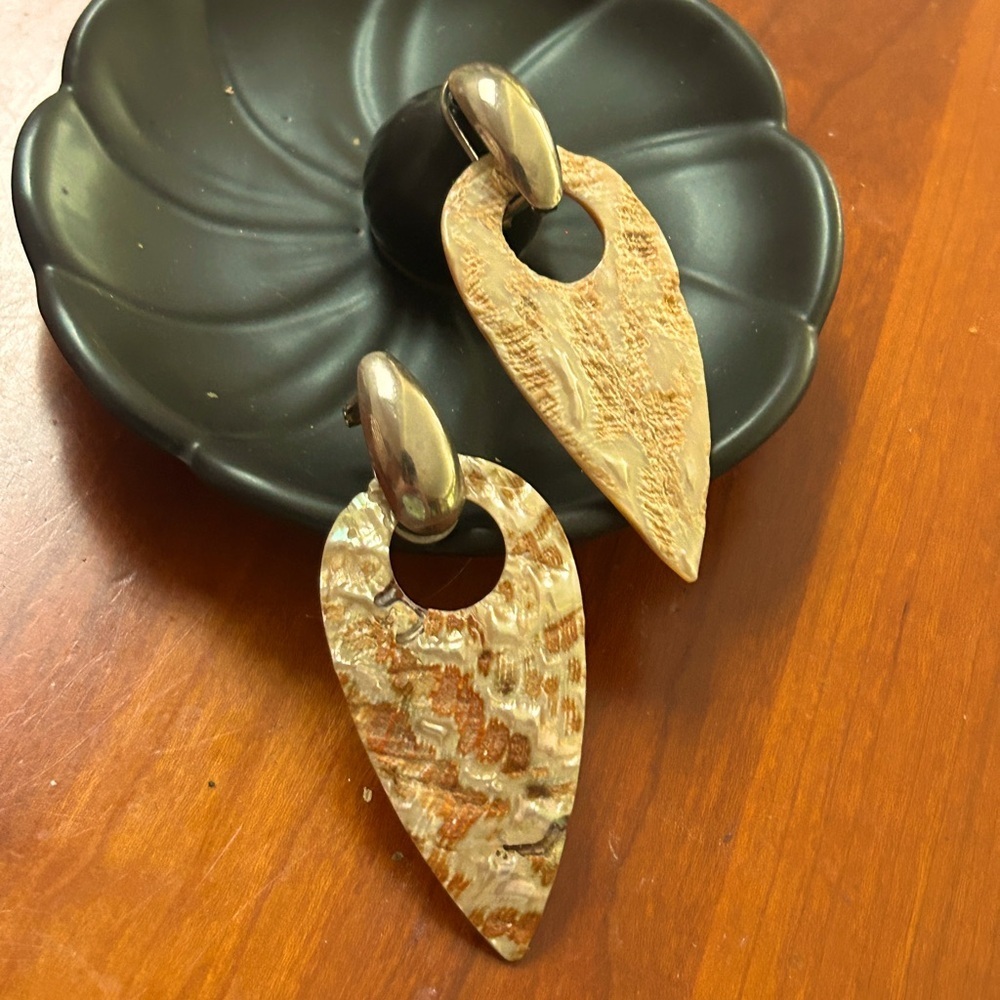 Unique Dangle Earrings Metallic Gold + Tan Pierced Vintage 1980s Excellent